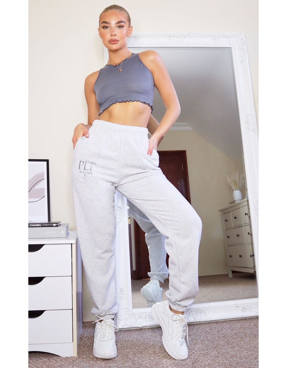 Plt Ash Grey Embroidered Graphic Cuffed Sweatpants