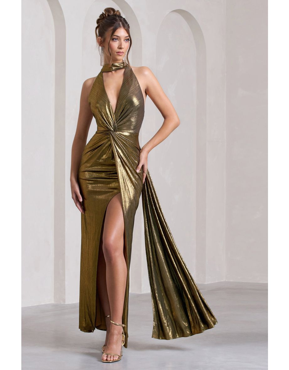 Lost | Gold Metallic Halter-Neck Cut-Out Split Maxi Dress With Drape - 4
