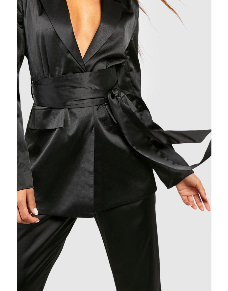Matte Satin Obi Tie Waist Tailored Blazer - black - 3