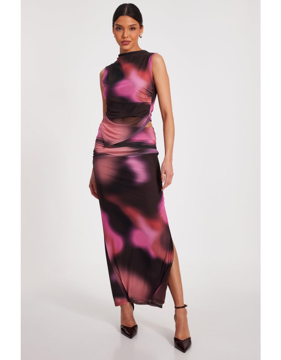 Brown Mesh Printed Maxi Skirt