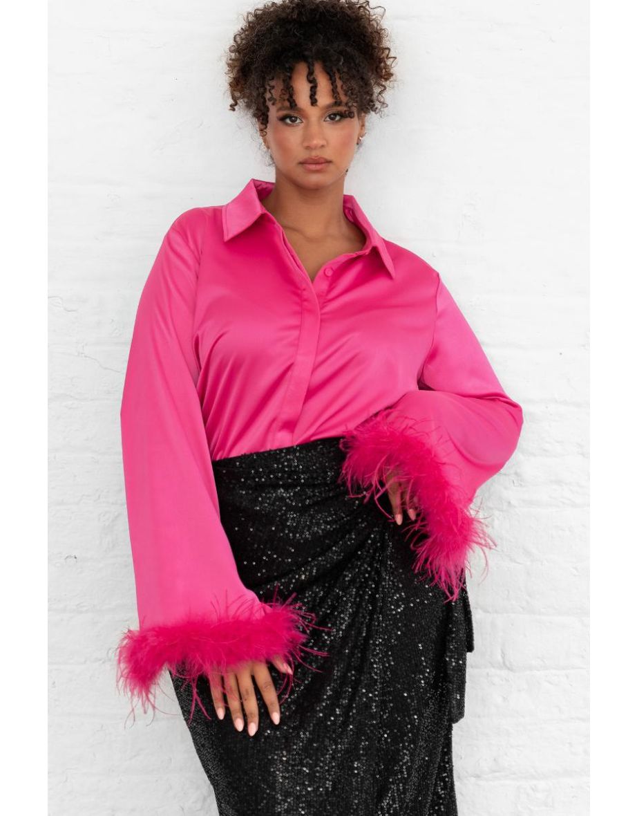 Lovedrobe Fuchsia Satin Shirt with Feather Cuffs