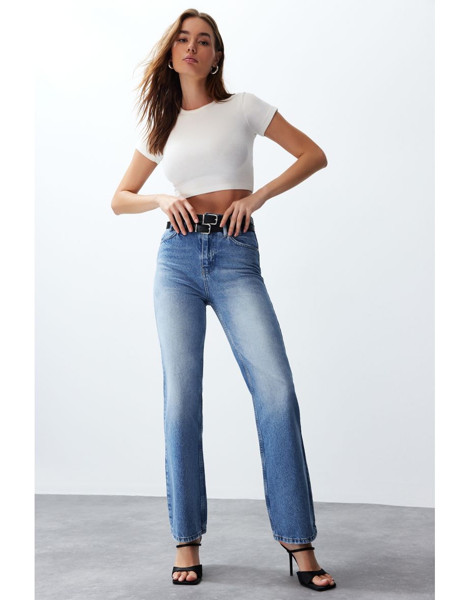 Blue Belt High Waist Wide Leg Jeans