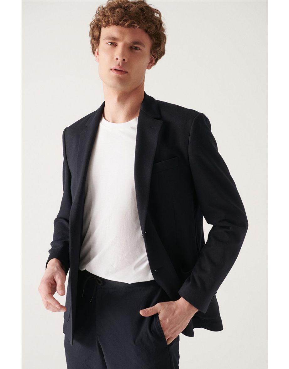 Men's Navy Blue Knitted Flexible Unlined Slim Fit Slim Fit blazer