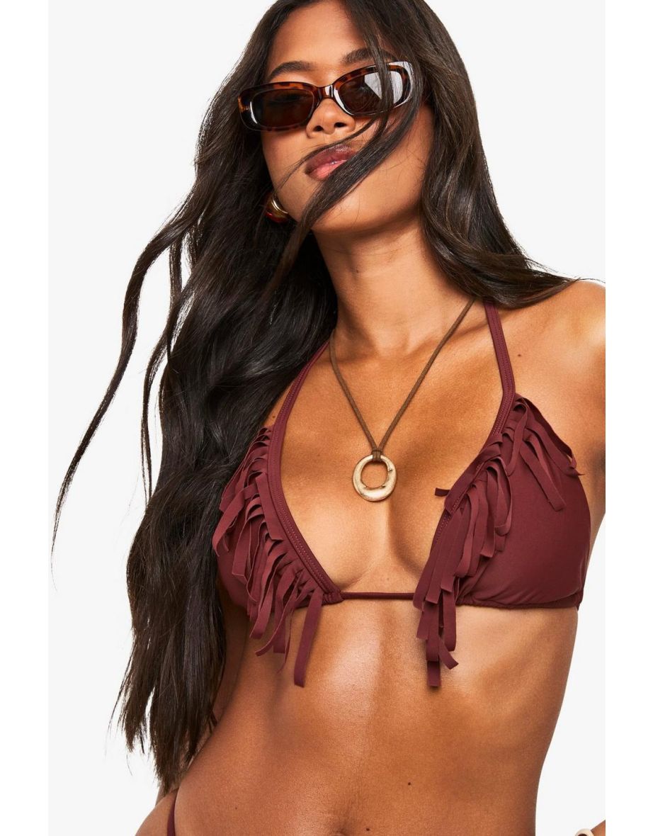 Fringe Detail Triangle Bikini Top - brown - 3