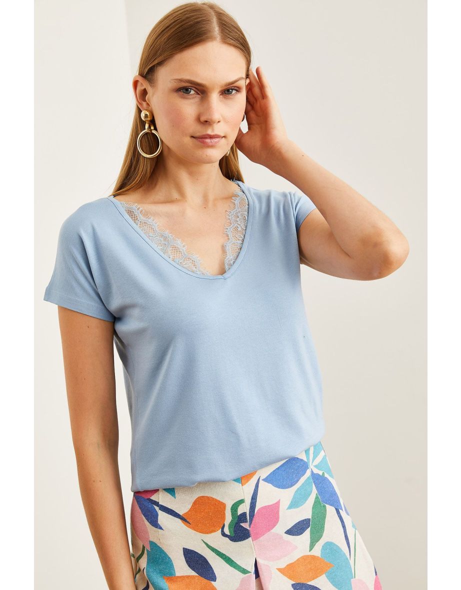 Women's Baby Blue Collar Laced Casual Viscose Blouse - 5