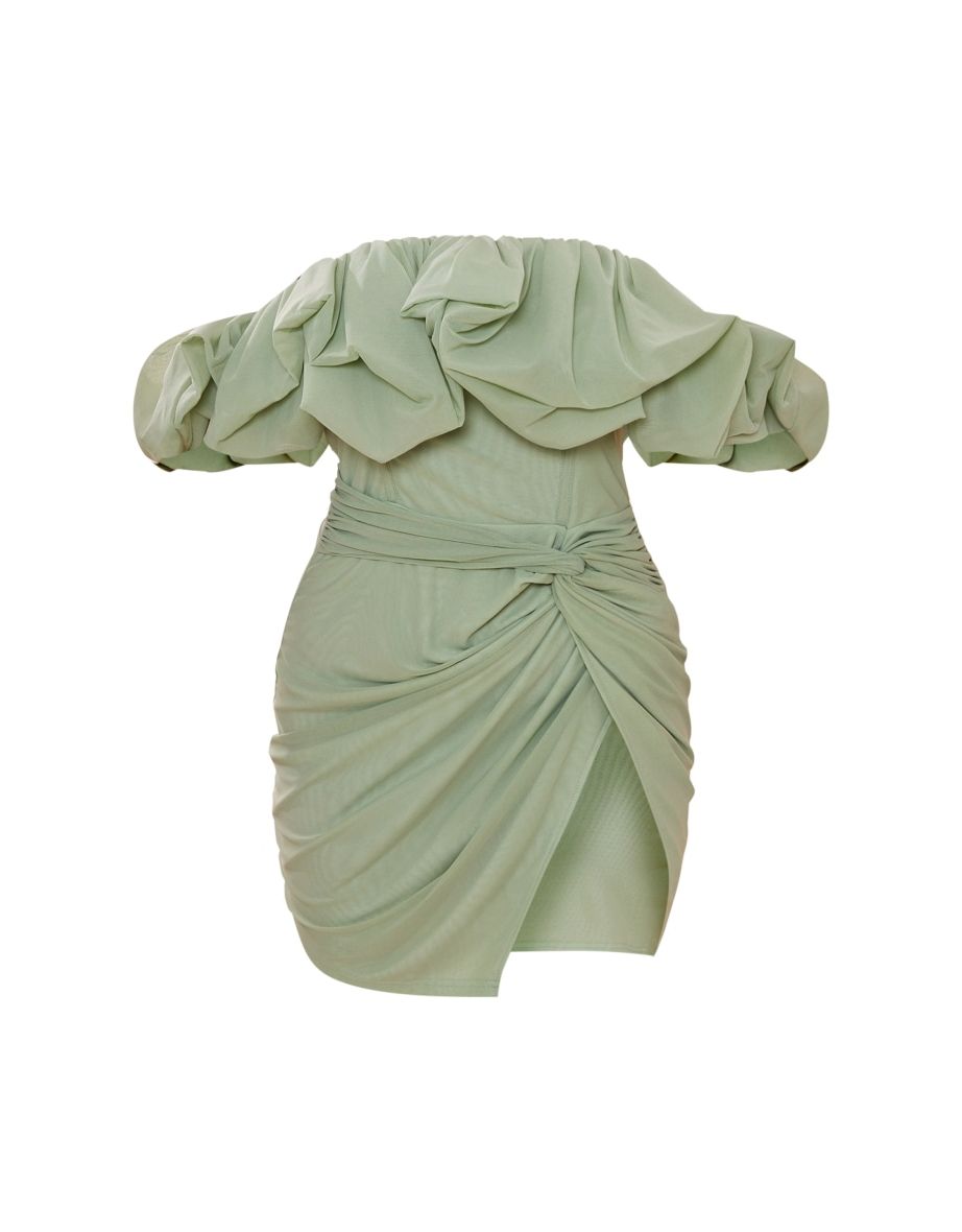 Sage Green Mesh Puff Detail Corset Bodycon Dress - 4