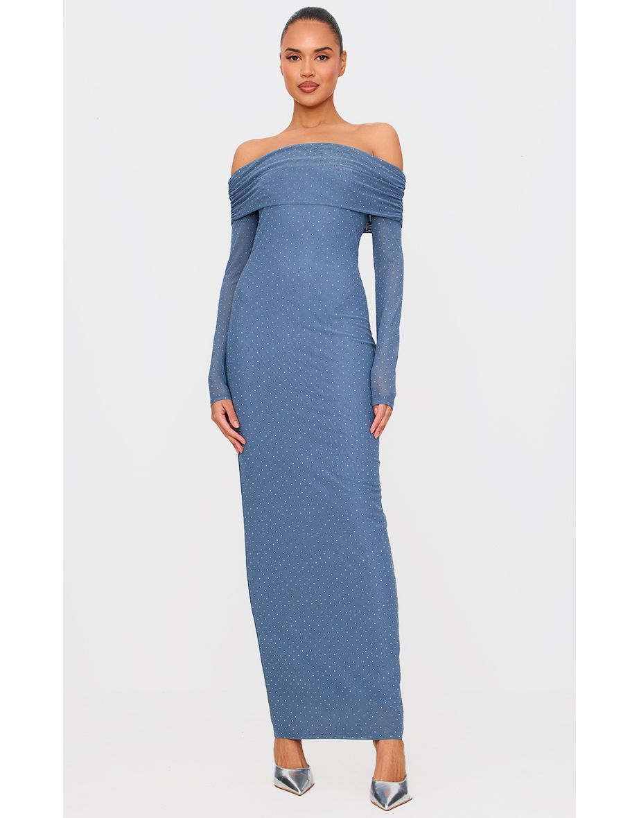 Steel Blue Diamante Bardot Long Sleeve Flare Sleeve Maxi Dress