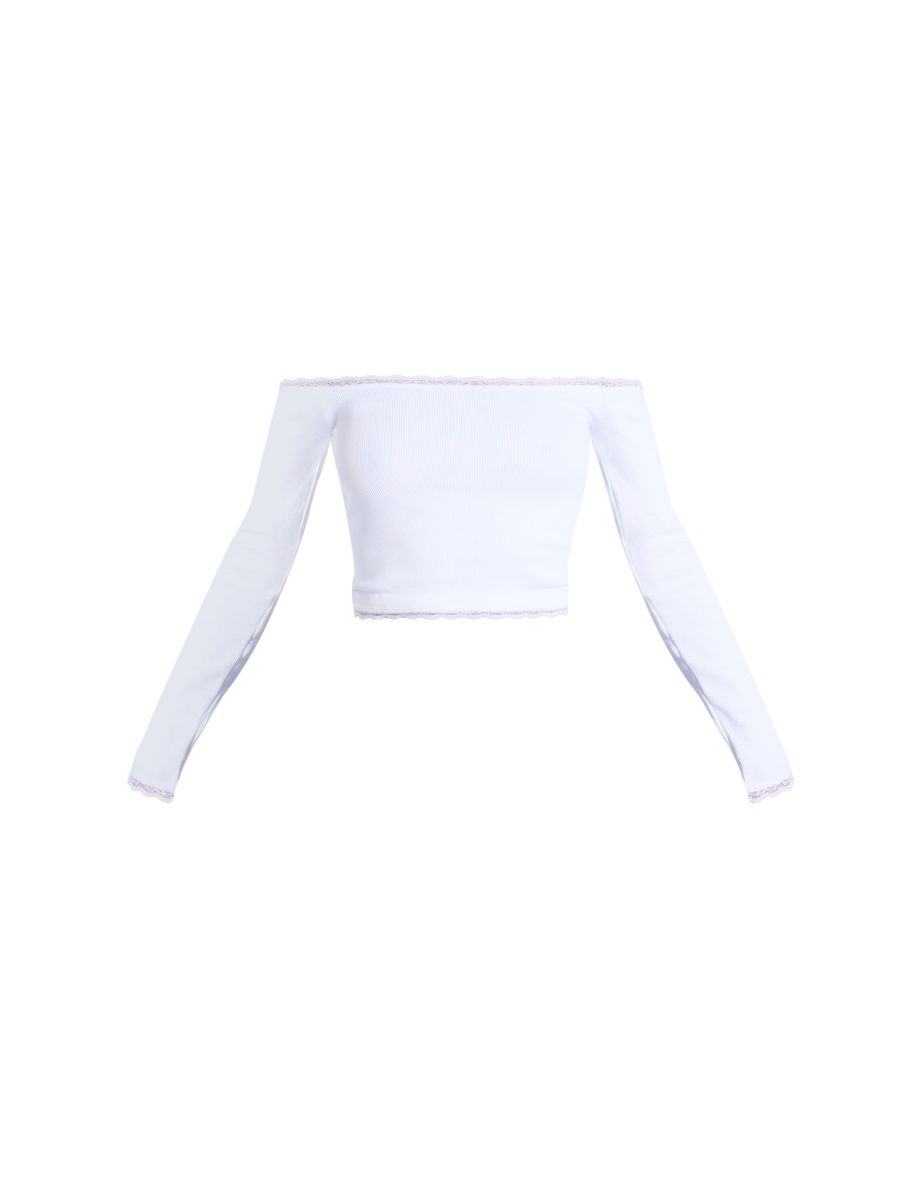 White Lace Trim Contour Rib Bardot Long Sleeve Top - 4
