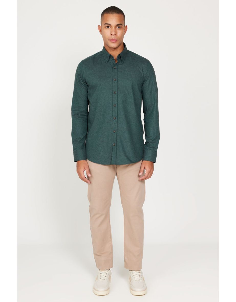 Men's Dark Green Cotton Flannel Oxford Slim Fit Slim Fit Hidden Button-Down Collar Shirt