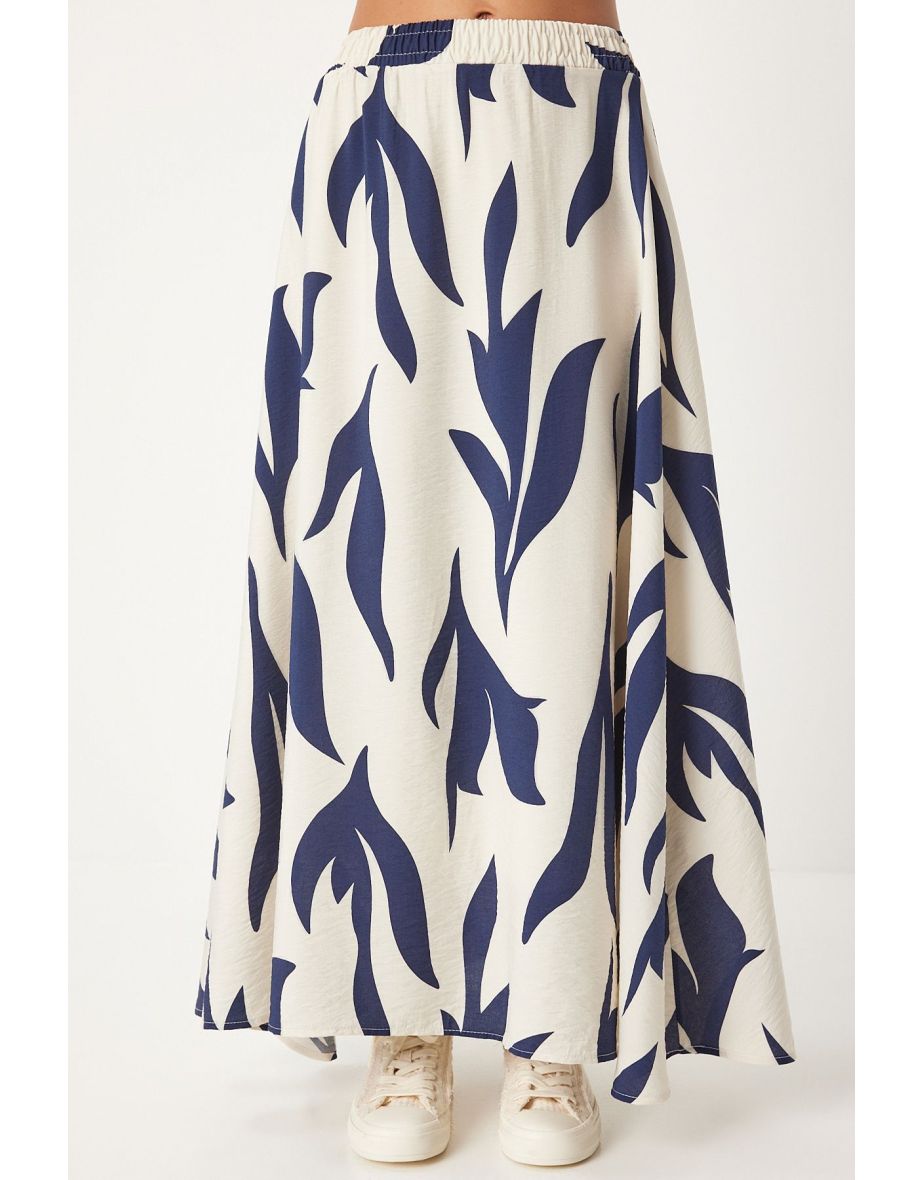 Women's Ecru Navy Blue Patterned Maxi Skirt DD01333 - 6
