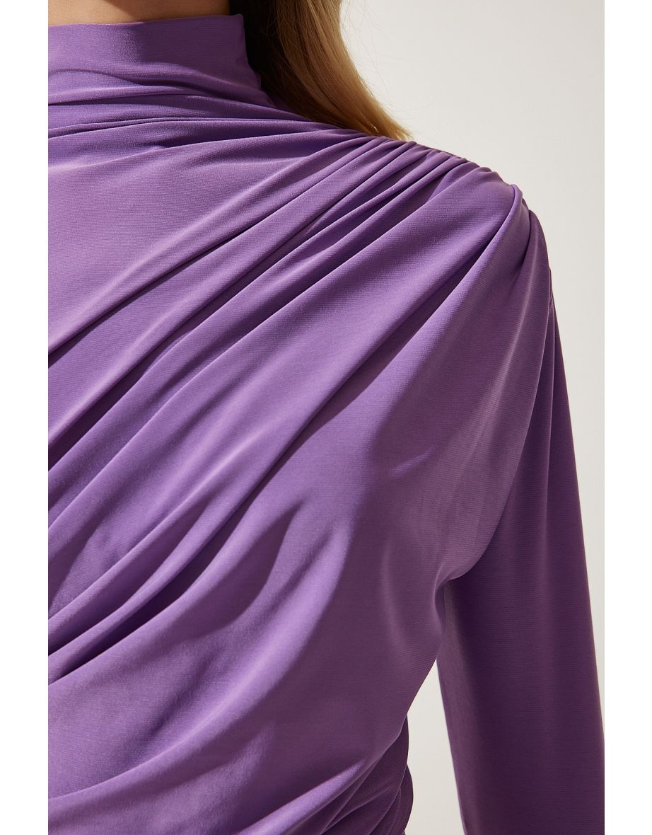 Women's Lilac Gathered Detailed High Neck Sandy Blouse - 5