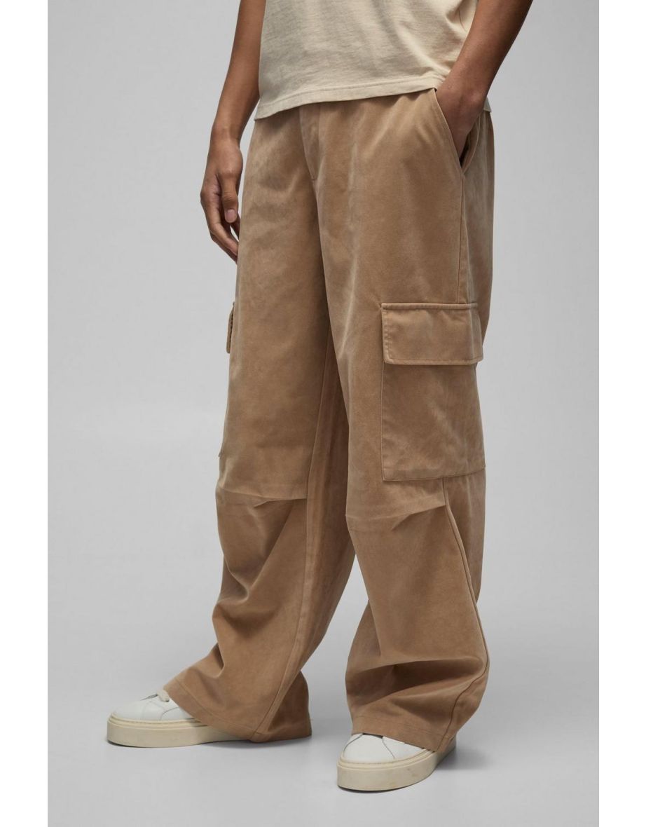 Fixed Waist Baggy Heavyweight Suede Cargo Trousers - beige