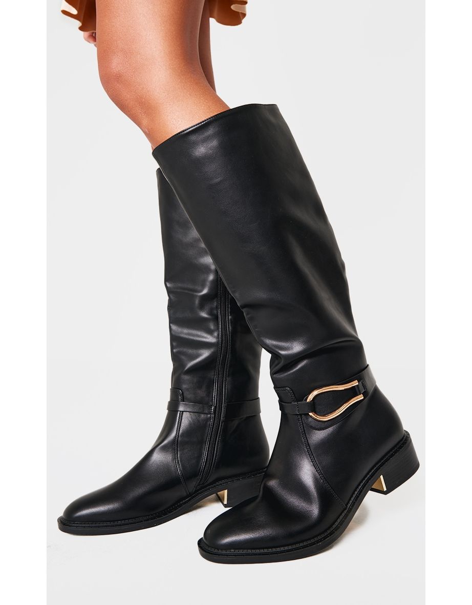 Black Wide Fit Pu Round Toe Gold Buckle Block Heel Knee High Boots