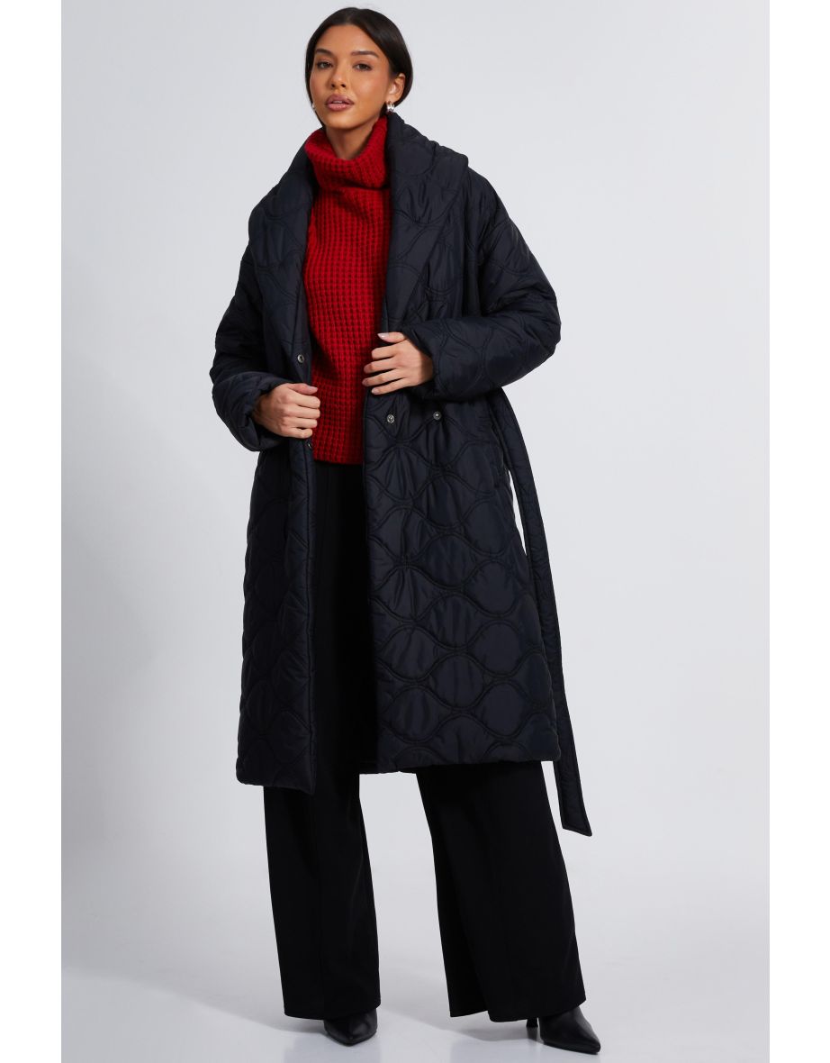 Black Quilted Long Line Coat