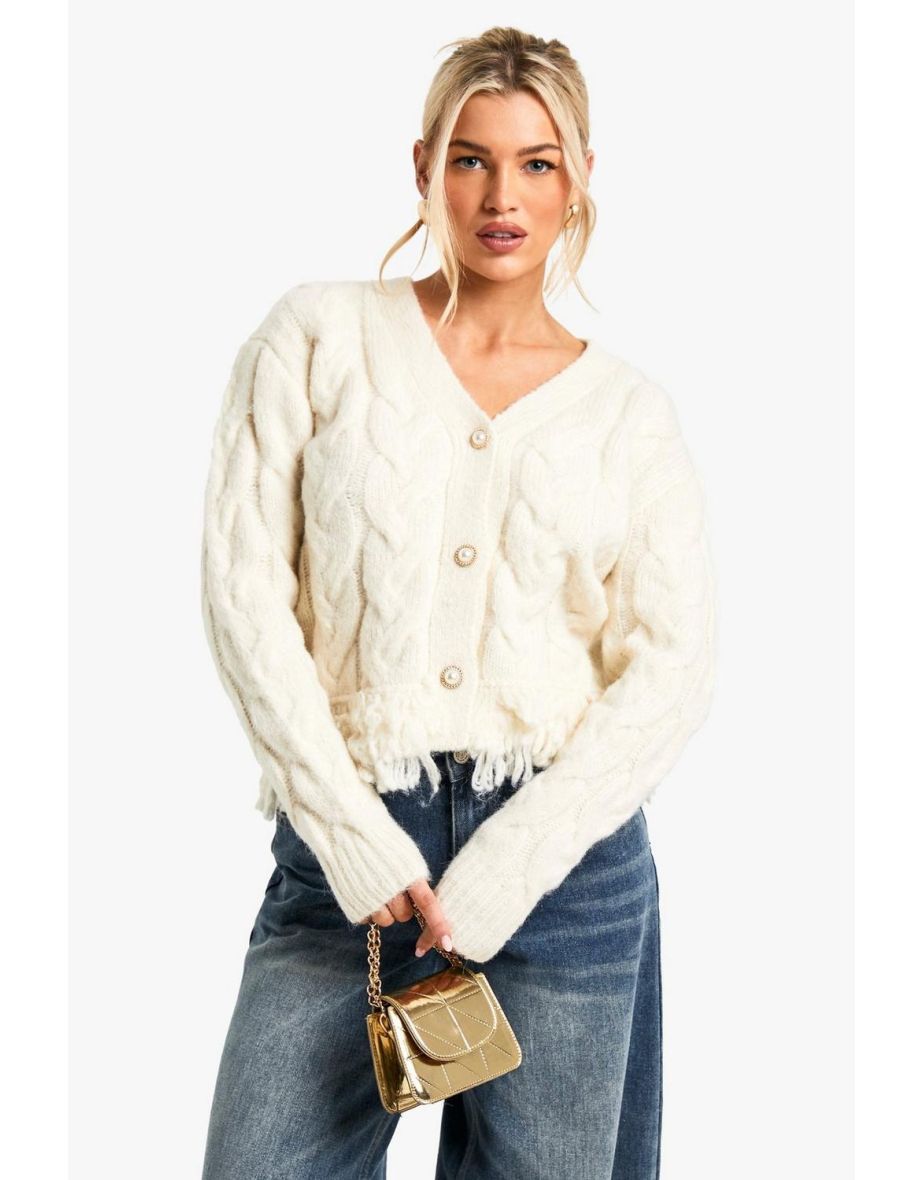Premium Cable Knit Fringe Cardigan - cream