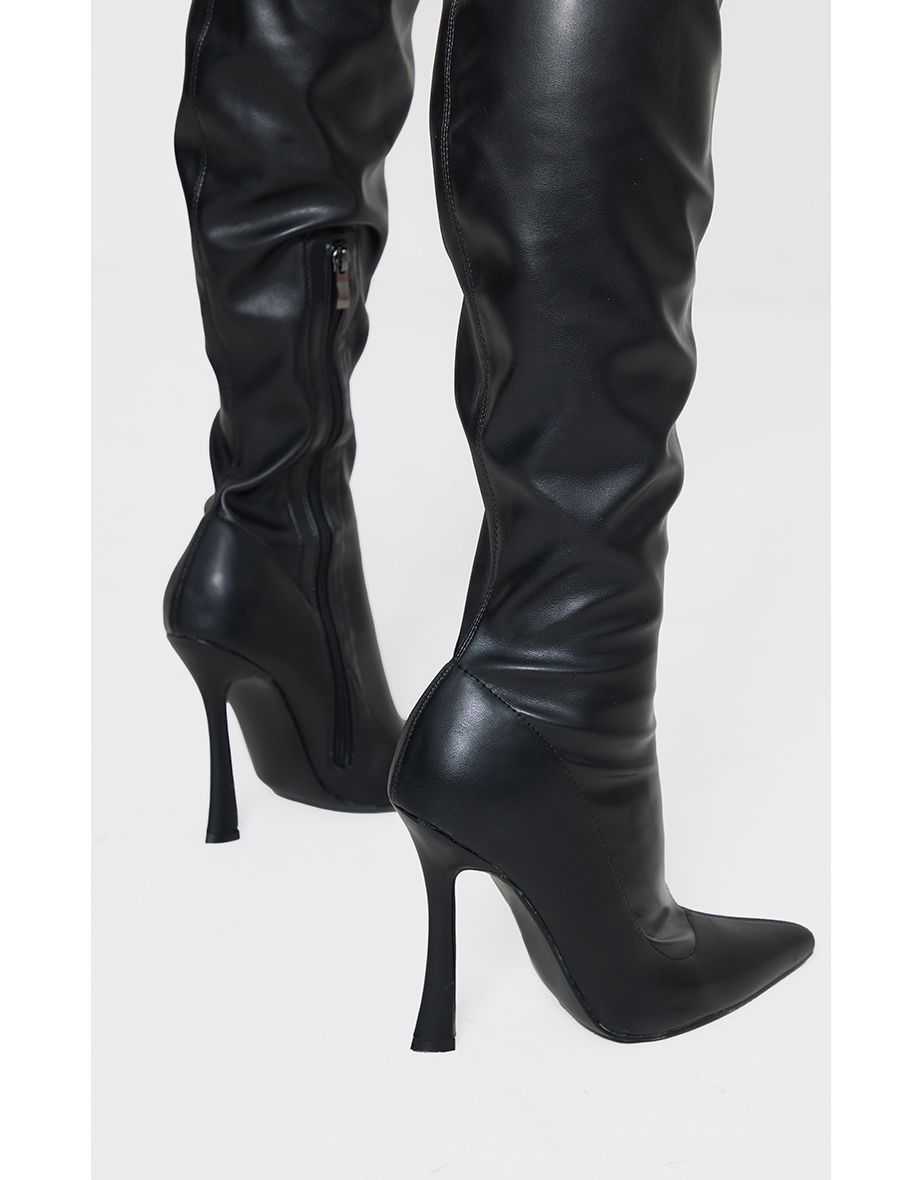 Black Faux Leather Point Toe Sock Heeled Over The Knee Boots - 3