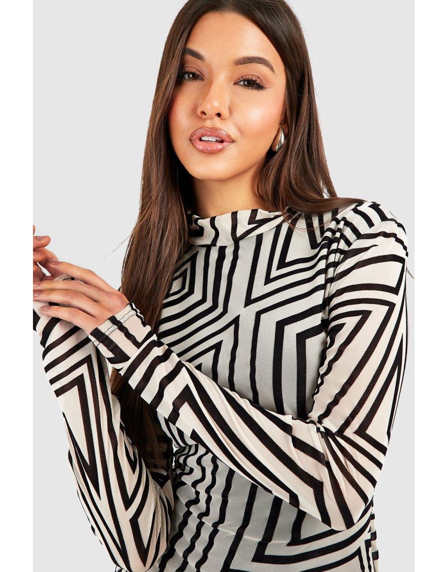 Roll Neck Aztec Devore Bodycon Dress - black - 3