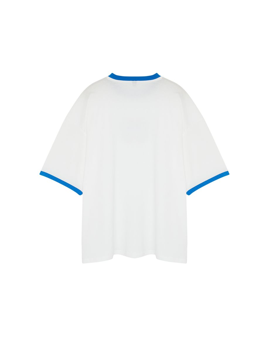 Plus Size Ecru Oversize Comfy 100% Cotton Embroidered Color Block Couple T-Shirt - 7