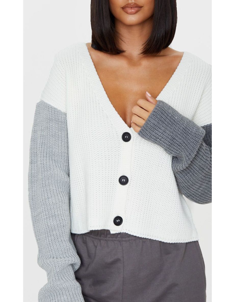 Grey Colour Block Button Up Cropped Cardigan - 3