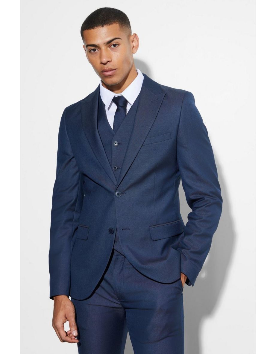Skinny Single Breasted Pique Suit Jacket - navy