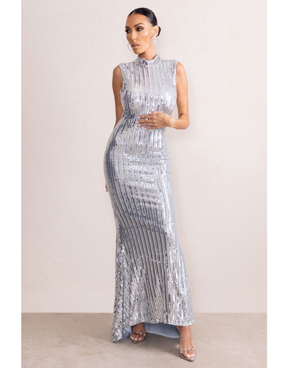 Jewel | Silver Sequin High Neck Maxi Dress With Open Back Detail