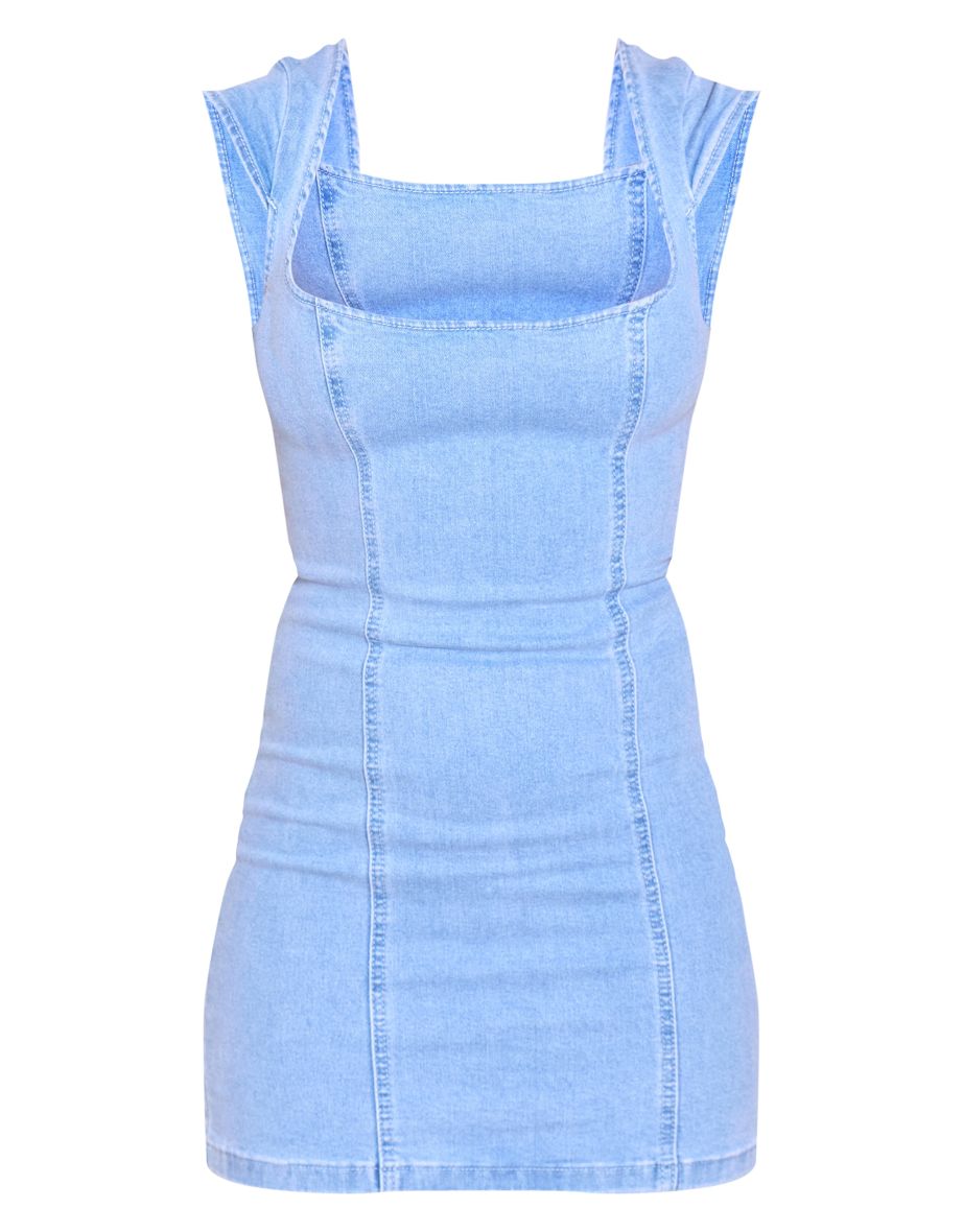 Light Blue Square Neck Seam Detail Denim Mini Dress With Cap Sleeves - 4
