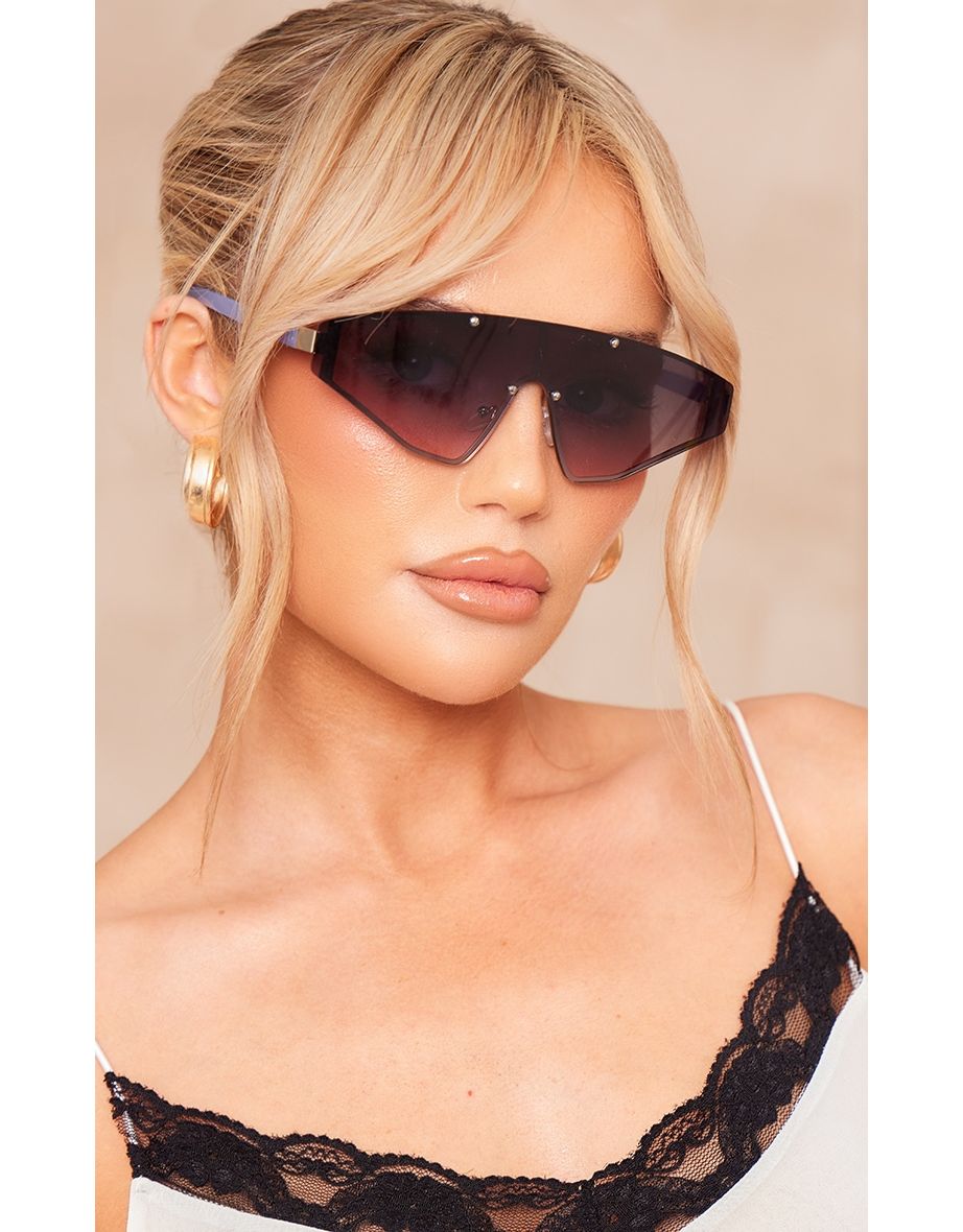 Blue Frameless Stud Black Lens Visor Sunglasses