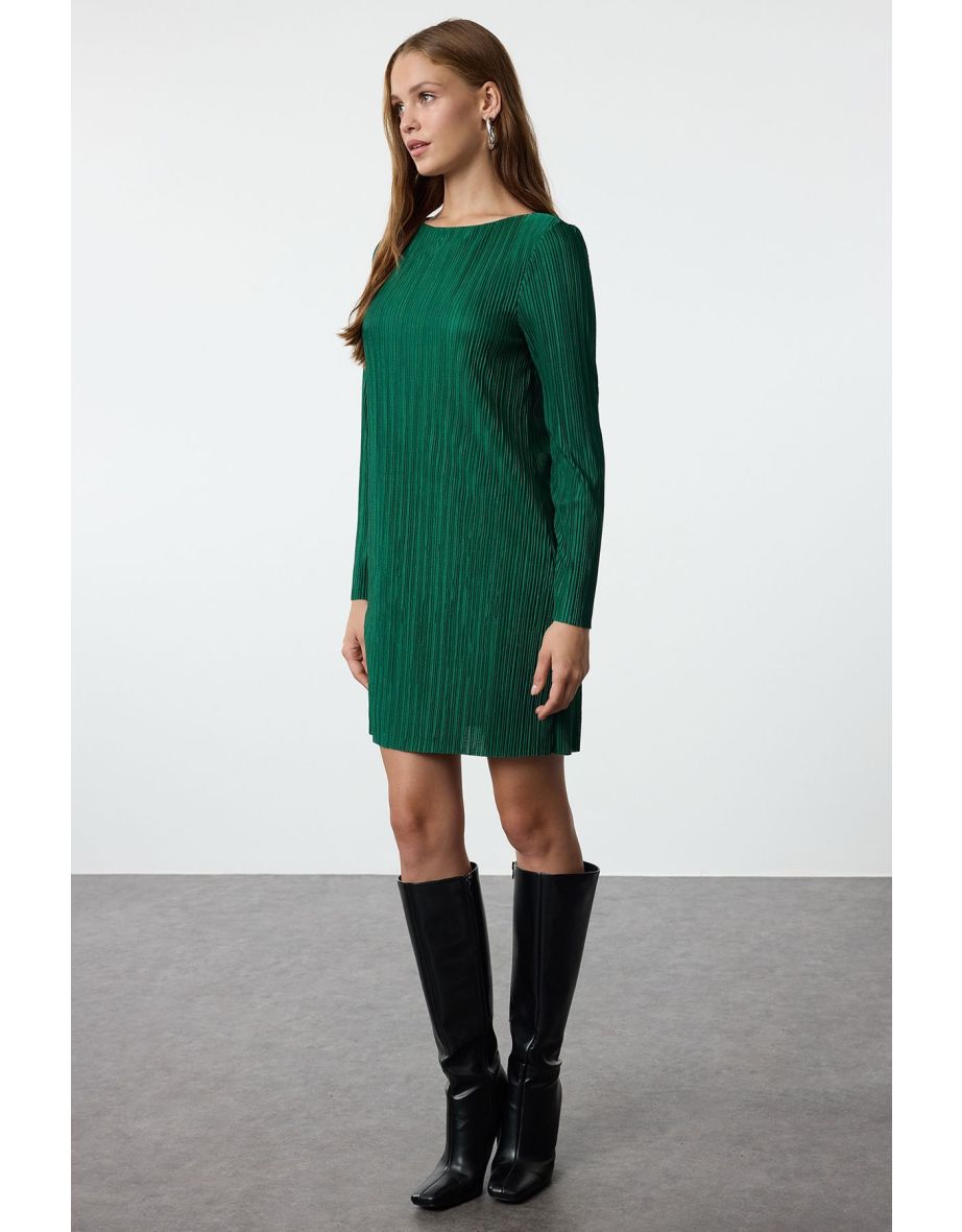 Emerald Green Plain Plain Pleated Lined Shift Mini Boat Neck Knitted Dress - 3