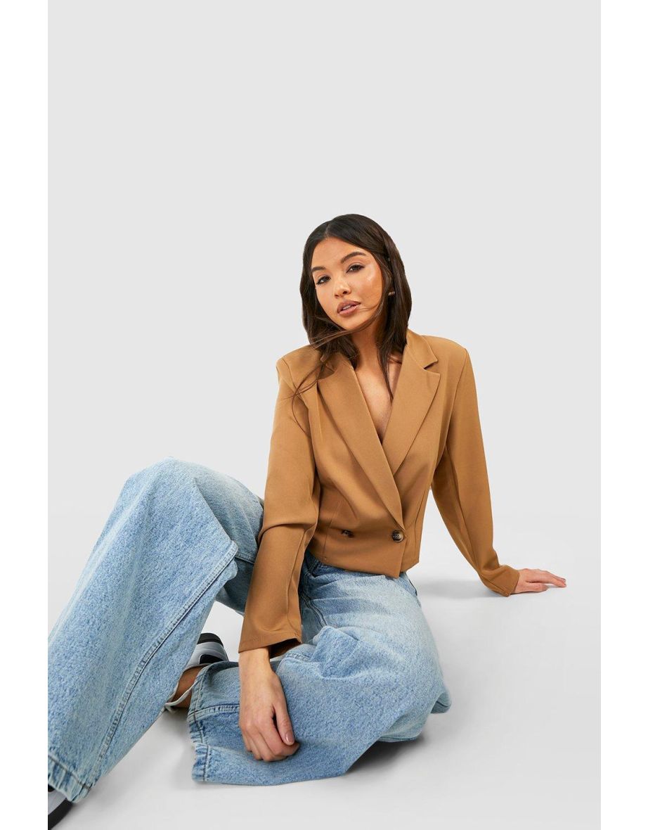 Basic Longline Double Breasted Cropped Blazer - camel - 3