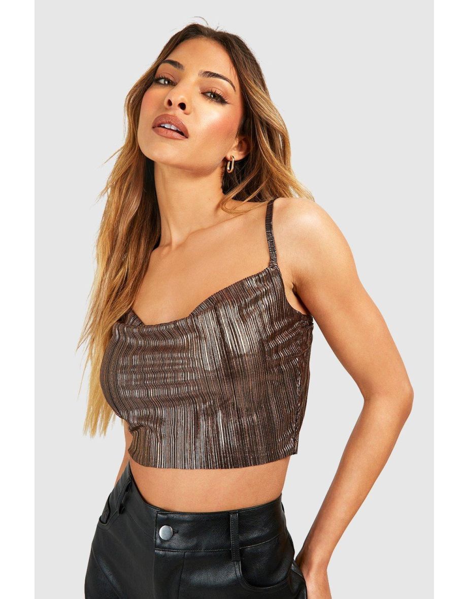 Metallic Plisse Cowl Neck Strappy Top - gold - 3