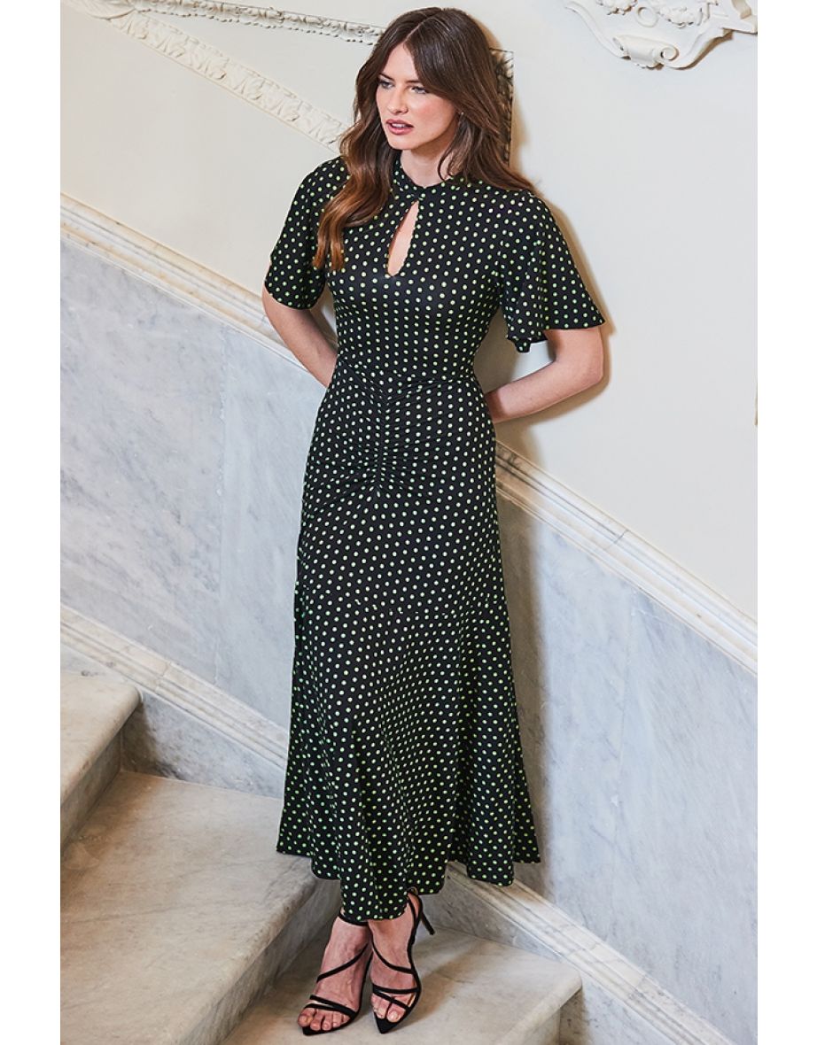 Black & Green Spot Print Keyhole Detail Jersey Dress