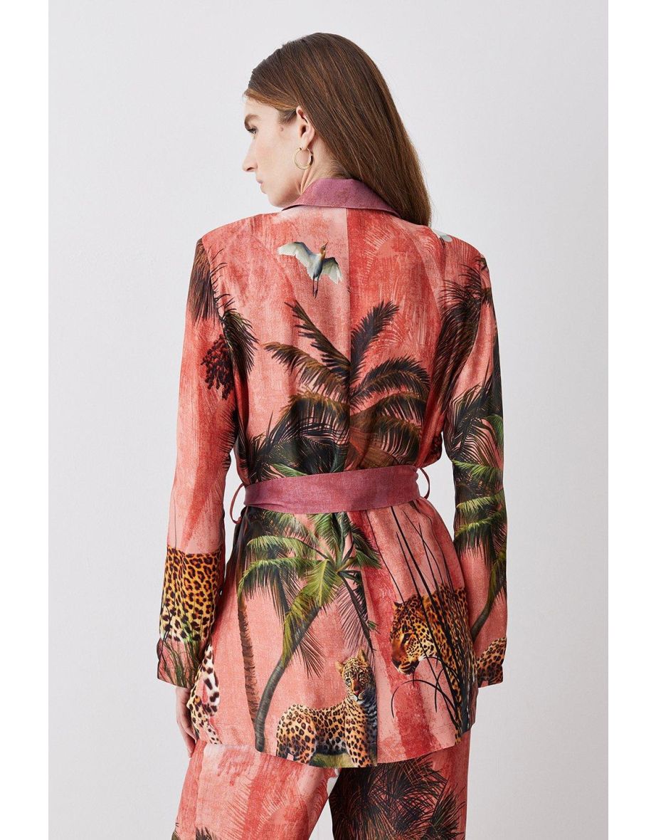 Petite Satin Palm Print Belted Woven Jacket - 2