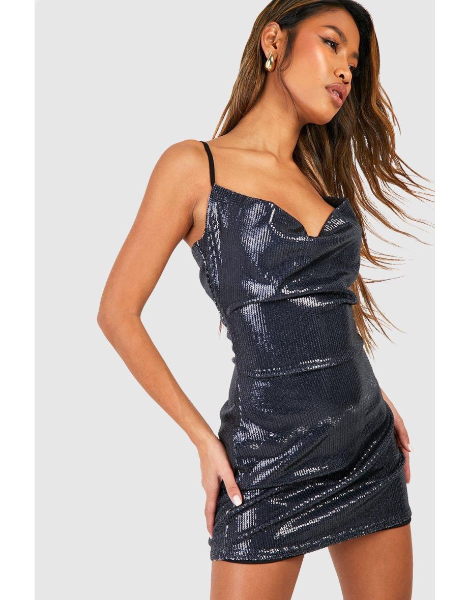 Black sequin cowl outlet neck dress