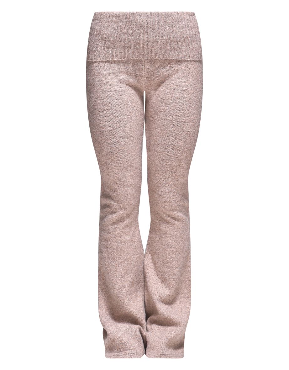 Taupe Melange Soft Knit Foldover Waist Flared Trousers - 4