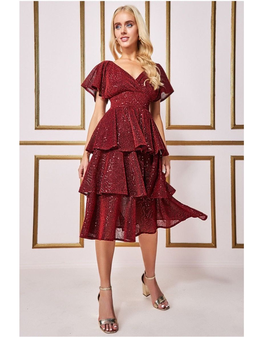 Goddiva Sequin Lurex Tiered Midi Dress - Wine