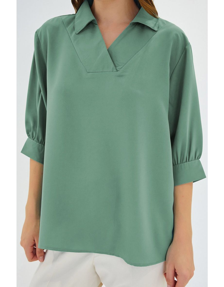 Women's Green Shirt Collar Satin Blouse - 4