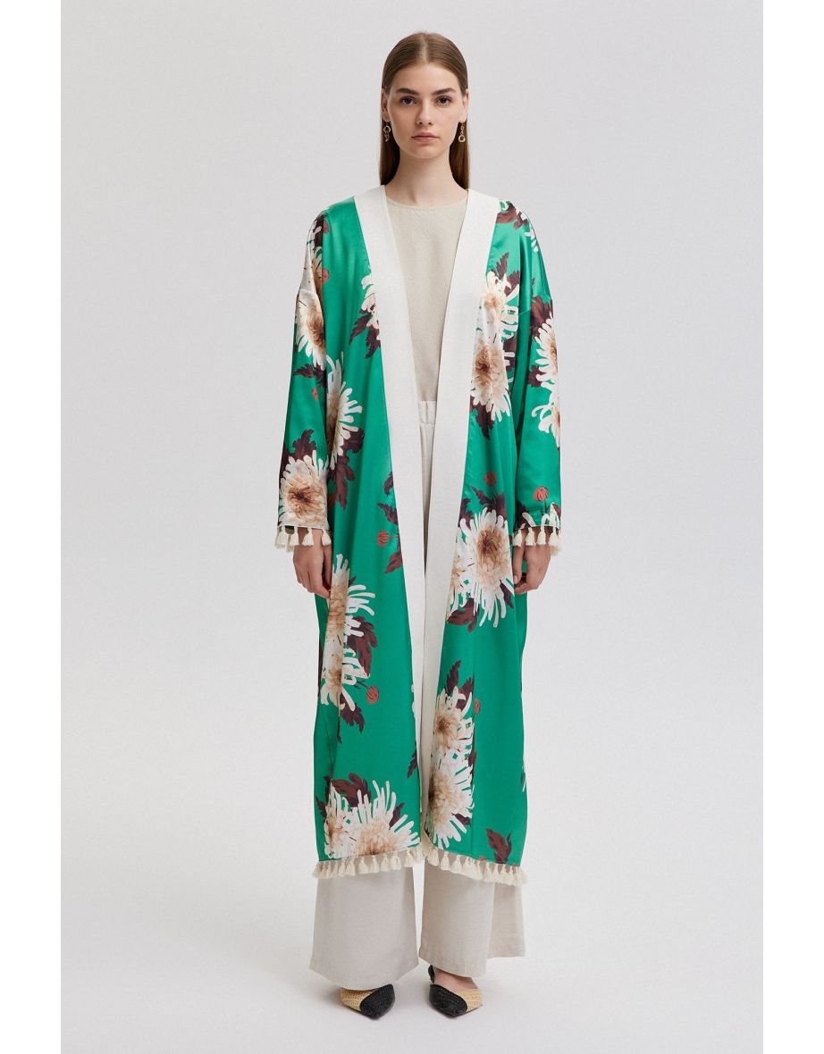 FLORAL PATTERNED FRINGE DETAILED KIMONO