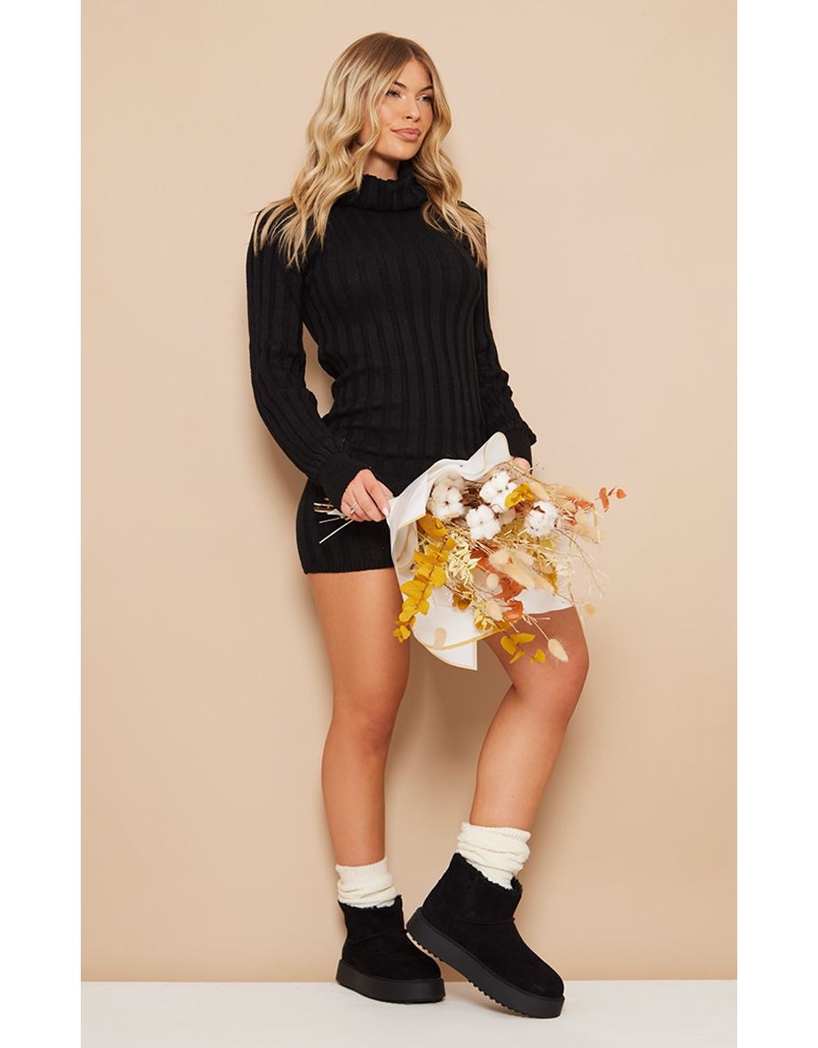 Black Knitted Roll Neck Jumper Dress