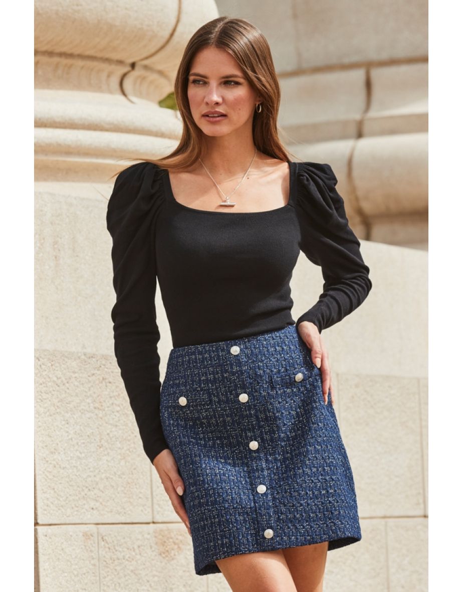 Navy Blue Metallic Boucle Button Front A-Line Skirt