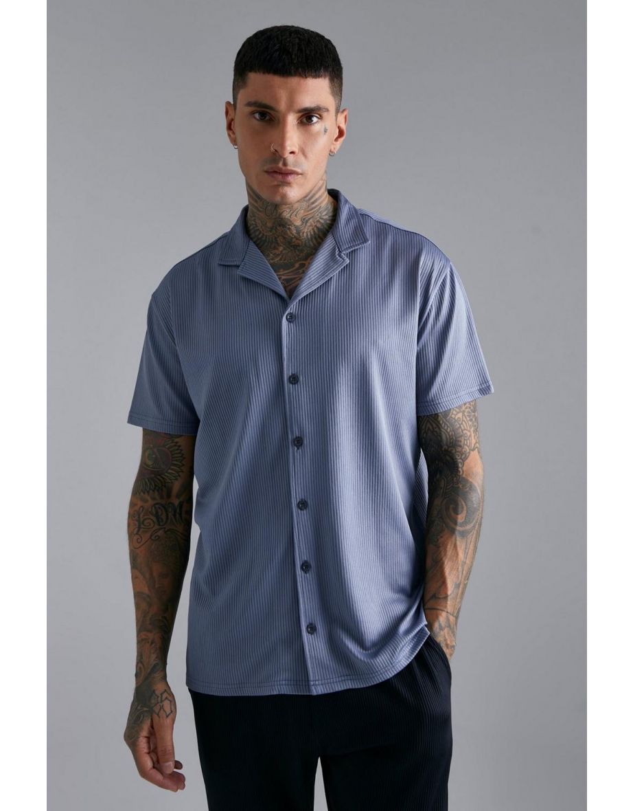 Short Sleeve Oversized Revere Ribbed Shirt - slate blue - 2