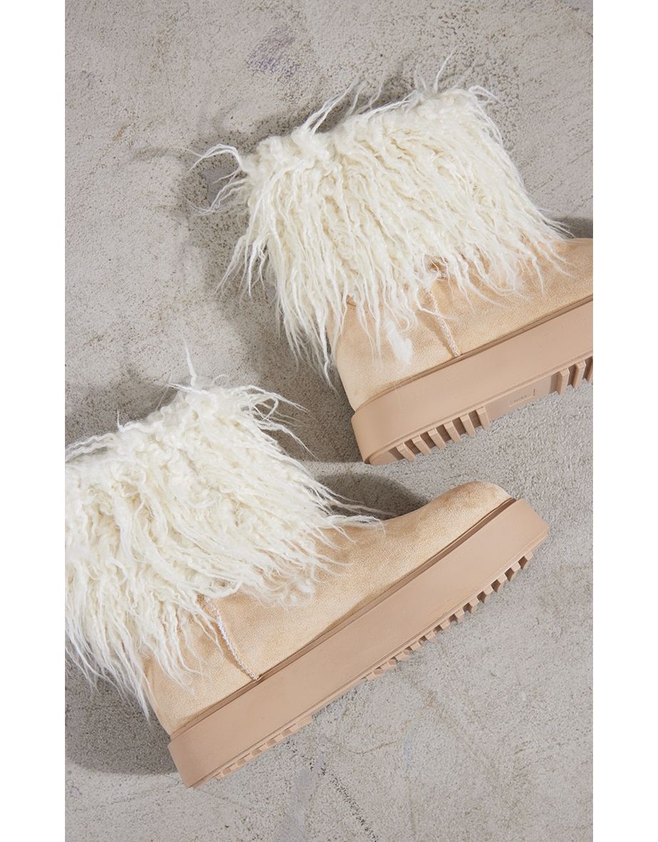 Cream Faux Suede Contrast Faux Fur Ankle Boot - 3