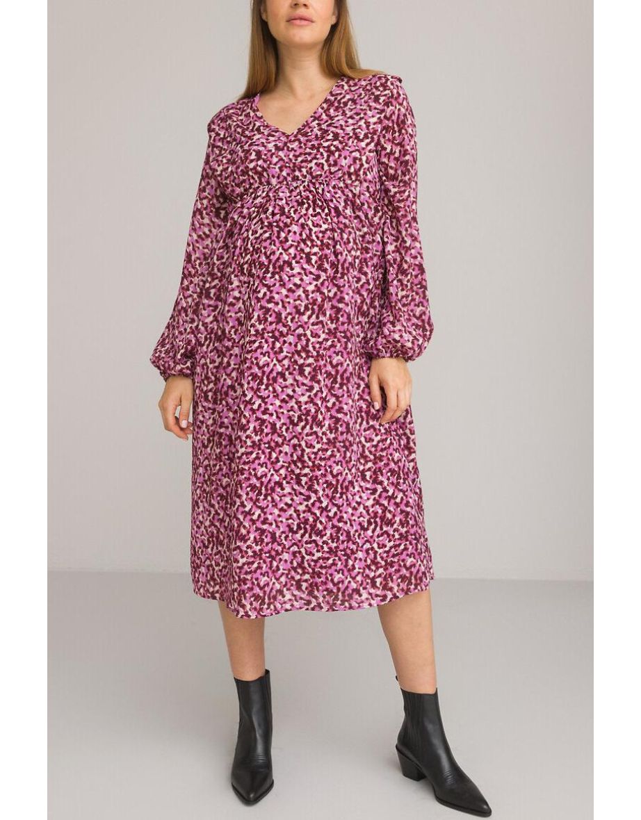 Recycled Maternity Midi Dress in Floral Print with V-Neck and Long Sleeves