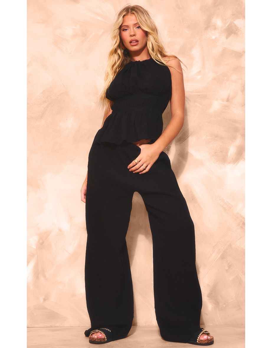 Black Cheesecloth Linen Look Low Rise Wide Leg Trousers