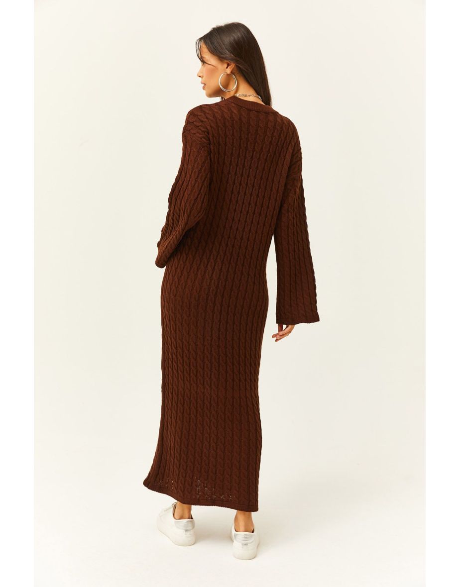 Women's Bitter Brown Hair Braided Long Knitwear Dress - 4