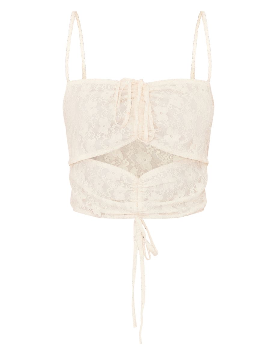 Cream Floral Lace Textured Cut Out Halter Tie Crop Top - 4