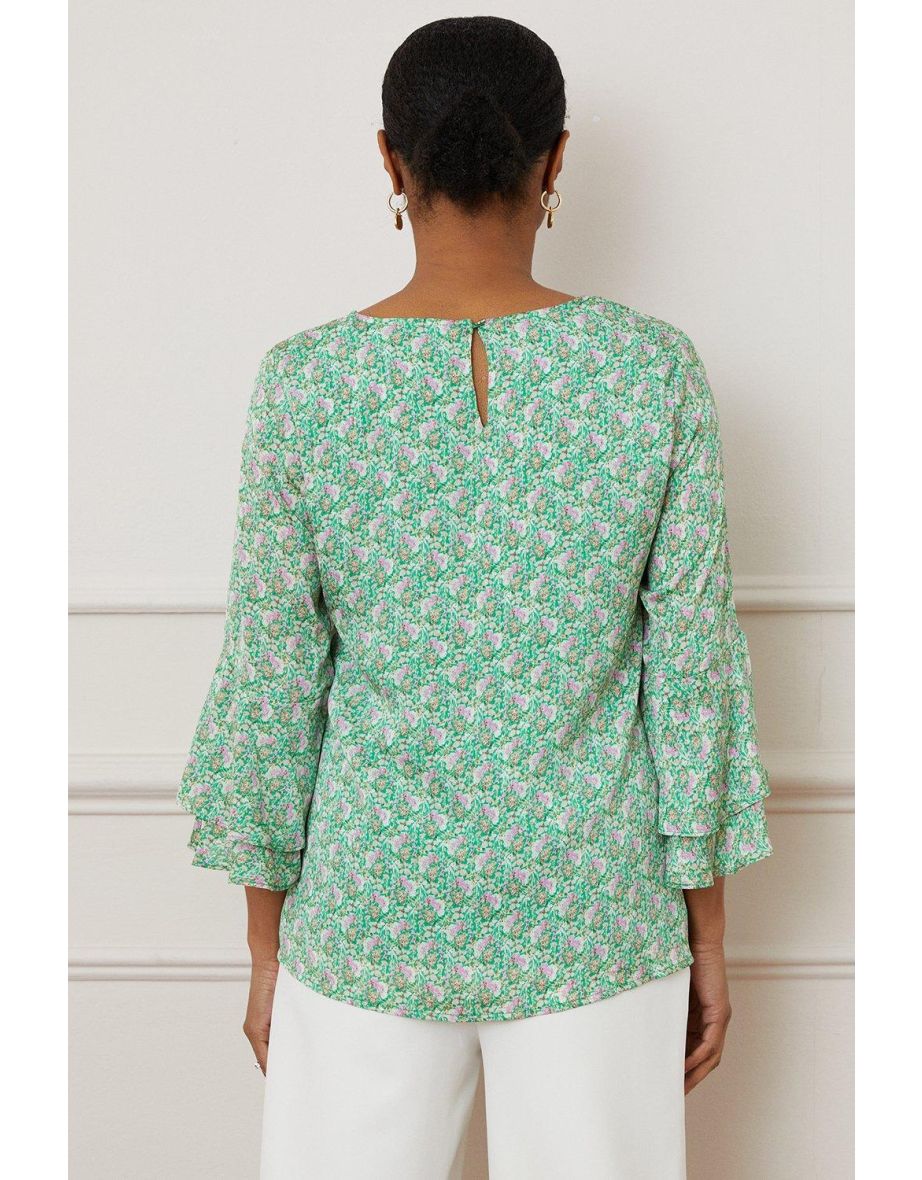 V Neck Ruffle Sleeve Blouse - 2