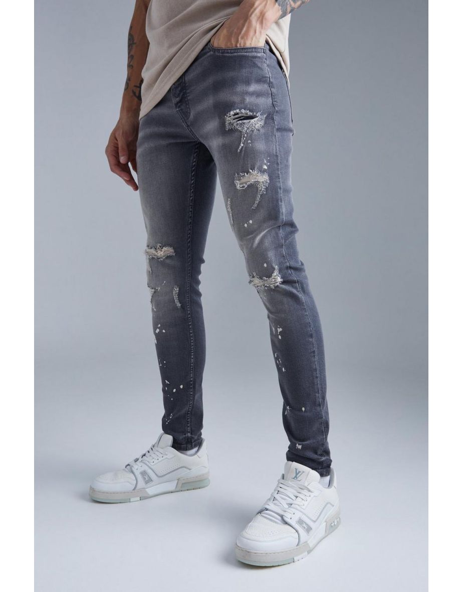 Skinny Stretch Bleached Ripped Knee Jeans - grey