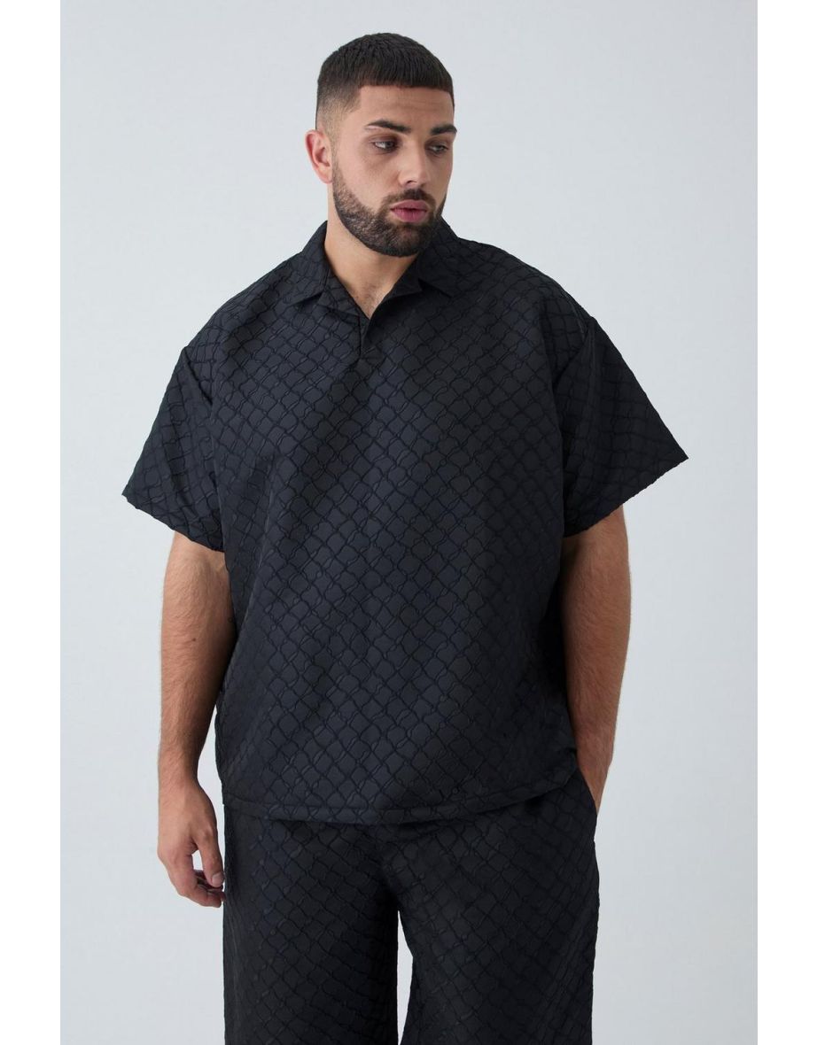 Plus 3D Texture Revere Polo Shirt - black