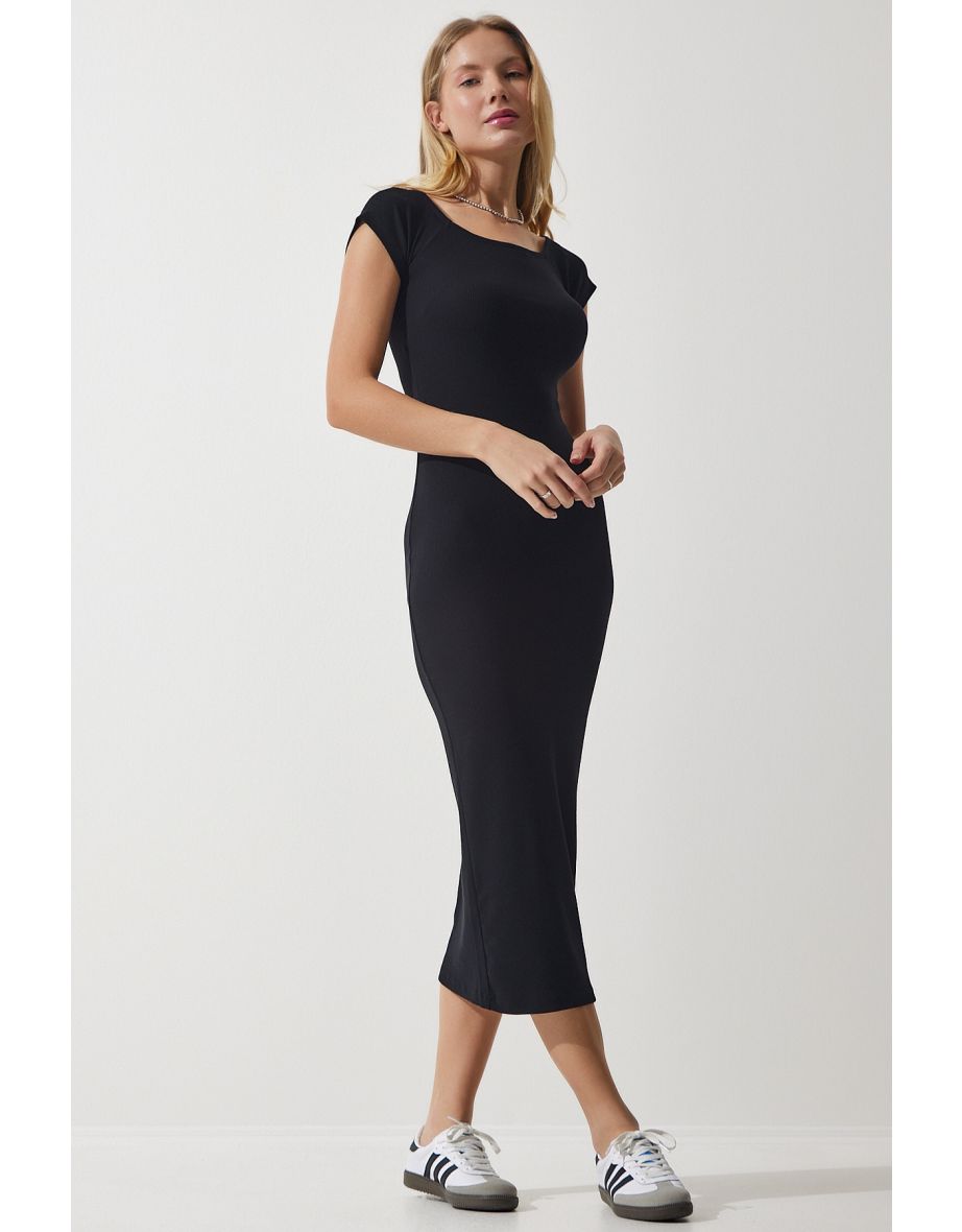 Women's Black Crew Neck Ribbed Knitted Modal Dress