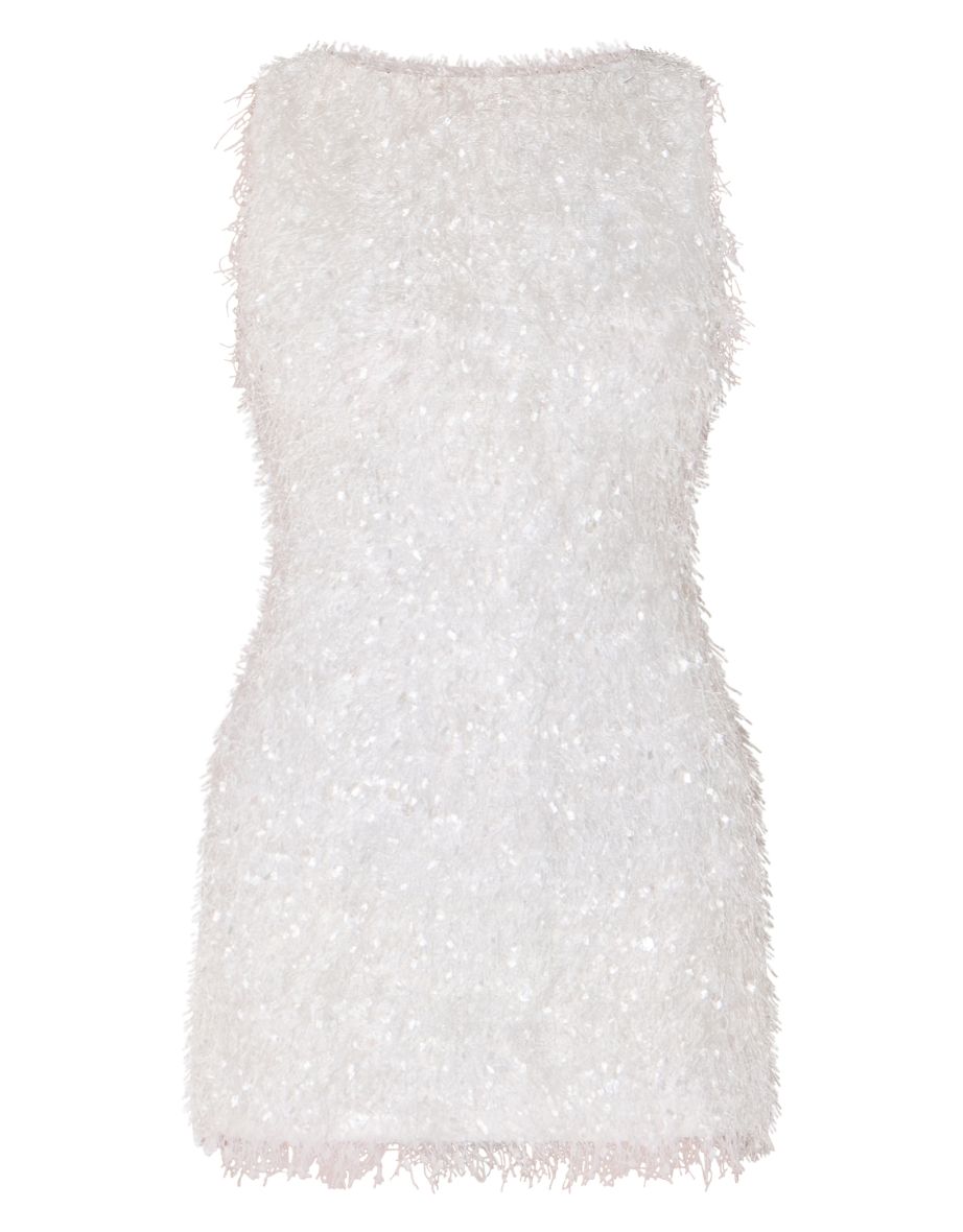 White Faux Feathered Boat Neck Mini Dress - 4